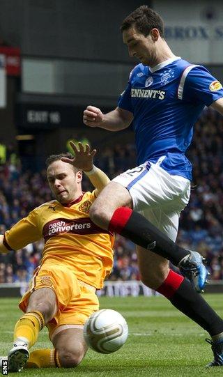 Motherwell's Tom Hateley tackles Rangers' Lee Wallace during May's 0-0 draw