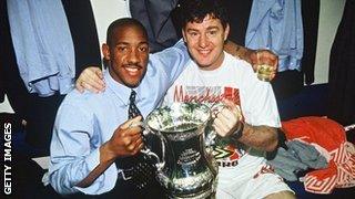 Dion Dublin (left) and Brian Kidd with the FA Cup in 1994