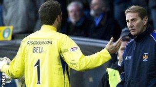 Kilmarnock goalkeeper Cammy Bell complains about his red card