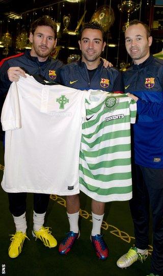 Lionel Messi, Xavi and Andres Iniesta break from training to wish Celtic a happy anniversary