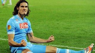 Napoli's Edinson Cavani celebrates his hat-trick goal