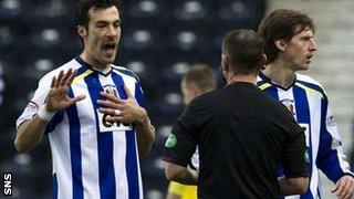 Kilmarnock defender Manuel Pascali is sent off by Stevie O'Reilly