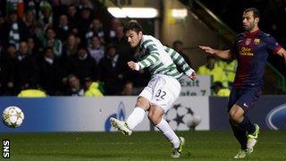 Tony Watt shoots Celtic into a 2-0 lead against Barcelona