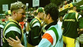 Sachin Tendulkar shakes hands with Shane Warne after India beat Australia in Sharjah in 1998