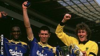 Lawrie Sanchez (centre) celebrates Wimbledon's 1988 FA Cup win with Eric Young and Dave Beasant