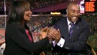 Colin Jackson celebrates with Denise Lewis