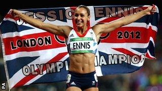 Britain's Jessica Ennis celebrates her Olympic heptathlon victory