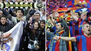 Real Madrid fans (left) & Barcelona fans