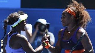 Sloane Stephens shakes hands with Serena Williams after beating her at the Australian Open