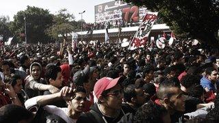 Al Ahly fans gather at the club's headquarters to celebrate last week's verdict on those involved in the Port Said tragedy