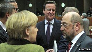 David Cameron with Angela Merkel and European Parliament president Martin Schulz