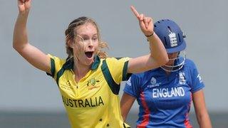 Australia pacer Holly Ferling celebrates claiming the wicket of England's Jennifer Gunn