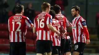 Derry City celebrate scoring the opening goal against Shelbourne