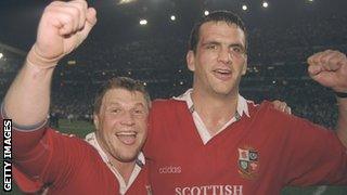 Scott Gibbs (left) and Martin Johnson celebrate the Lions' series win in South Africa