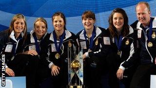 Eve Muirhead, Anna Sloan, Vicki Adams, Claire Hamilton, Lauren Gray and coach David Hay