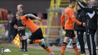 Dundee Utd's Johnny Russell (left) made his first appearance since breaking his leg in March