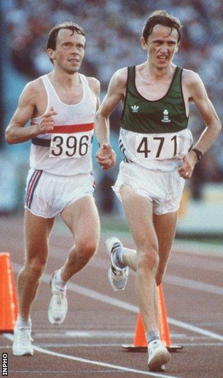 John Treacy (right) battles with Britain's Charlie Spedding for silver and bronze at the 1984 Olympics in Los Angeles