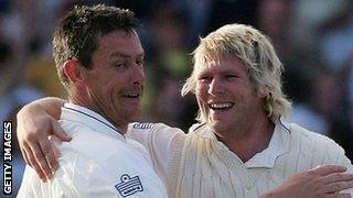 Ashley Giles and Matthew Hoggard celebrate England's win at Trent Bridge in 2005