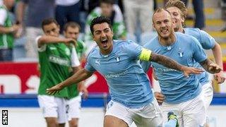 Jiloan Hamad celebrates scoring for Malmo against Hibernian