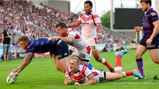 Josh Charnley's first try at Langtree Park