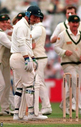 Mike Gatting looks round after being bowled by Shane Warne in 1993