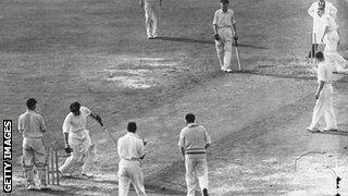 Don Bradman is bowled by Eric Hollies