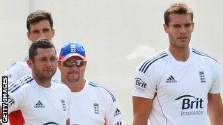 Steven Finn, Tim Bresnan, bowling coach David Saker and Chris Tremlett