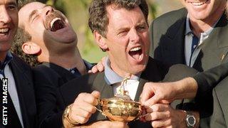 Bernard Gallacher celebrates the Ryder Cup win in 1995