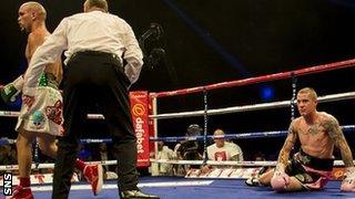 Ricky Burns is sent to the canvas by Raymundo Beltran