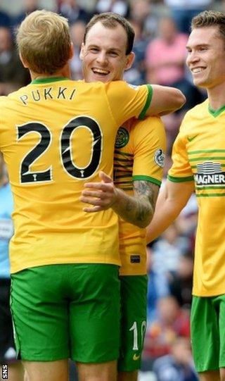 Teemu Pukki and Anthony Stokes celebrate at Tynecastle