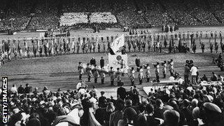 A view of the closing ceremony of the 1948 Olympic Games, Wembley Stadium