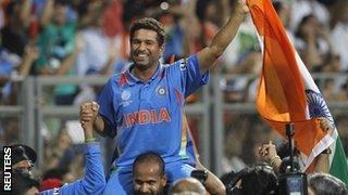 Sachin Tendulkar celebrates India's World Cup win in 2011