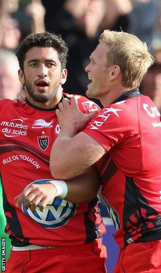 Maxime Mermoz celebrates with Toulon team-mate Michael Claassens