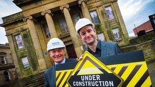 Andrew Barker, senior operations manager at Morgan Sindall (left) and Oldham Council leader, Jim McMahon (right) outside the Old Town Hall