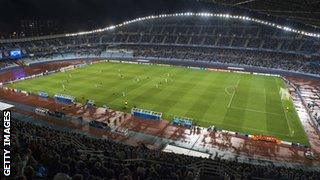 The Anoeta Stadium hosting an evening match.