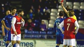 Dundee United striker Nadir Ciftci is sent off by Kevin Clancy