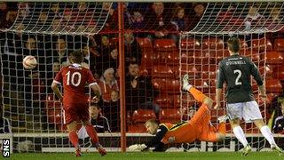 Partick Thistle keeper Scott Fox makes a spectacular save to deny Aberdeen from going in front.