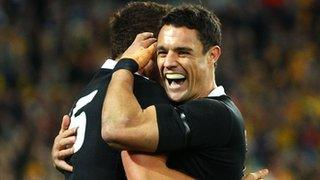 Israel Dagg and Dan Carter celebrate