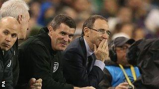 Roy Keane and Martin O'Neill share a laugh as the Republic of Ireland play Latvia