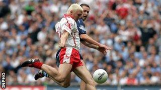 Owen Mulligan is about to hammer in one of the great Croke Park goals against Dublin in 2005