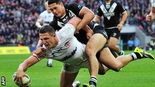 England's Sam Burgess scores a try in the World Cup Semi-Final against New Zealand at Wembley