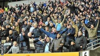 Coventry fans celebrate Aaron Phillips' late equaliser at Molineux in October