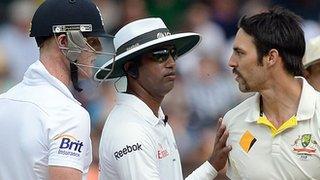 England all-rounder Ben Stokes (left) and Australian bowler Mitchell Johnson clash on the fourth day of the second Test