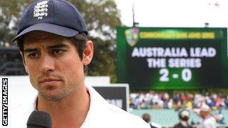 England captain Alastair Cook speaks to the media after Australia defeated England on the final day of the second Ashes cricket Test match in Adelaide.