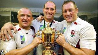 Neil Back, Lawrence Dallaglio and Richard Hill with the World Cup