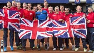 The Great Britain team celebrate their Davis Cup win over USA in San Diego