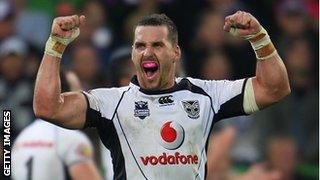 Brett Seymour of the Warriors celebrates at the full time whistle during the round seven NRL match between the Melbourne Storm and the Warriors at AAMI Park.