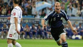 Esteban Cambiasso scores against Serbia and Montenegro