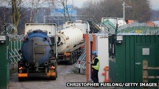 Lorries entering site drilling site in Barton Moss, Salford