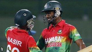 Sohag Gazi (right) celebrates winning an ODI with Nasir Hossain